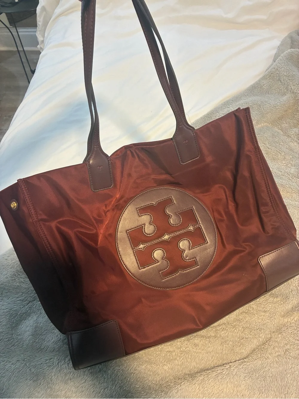 Tory Burch Burgundy Nylon and Leather Logo Tote